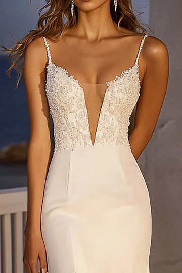 Lace Spaghetti Straps Mermaid Tulle Wedding Dress With Slit